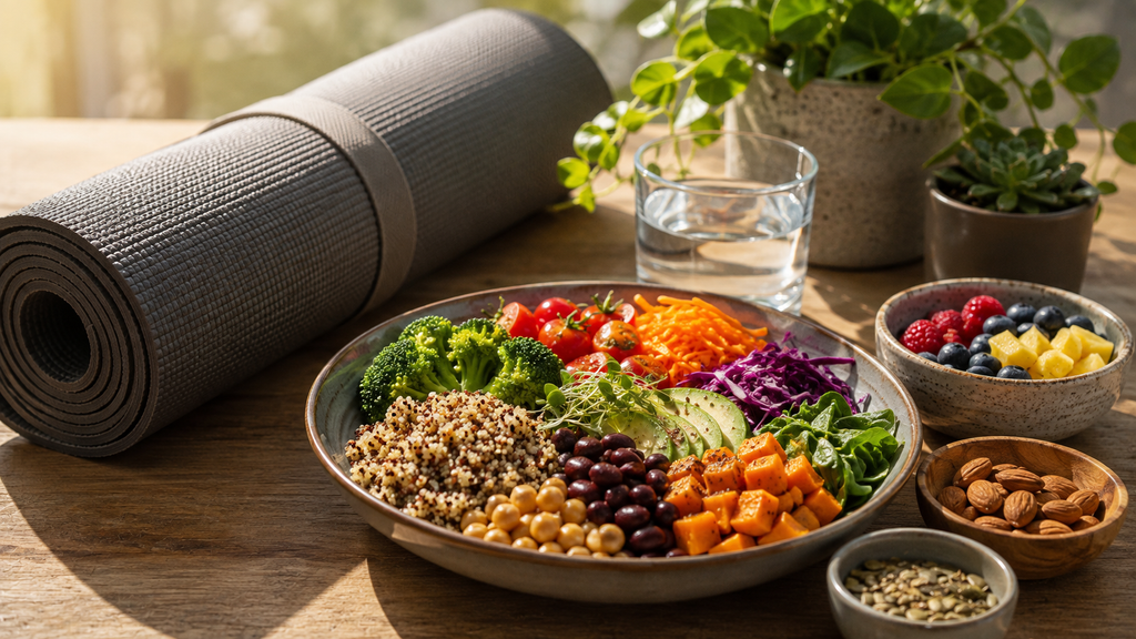 Benefits of yoga: healthy foods and nutritious meal alongside a yoga mat