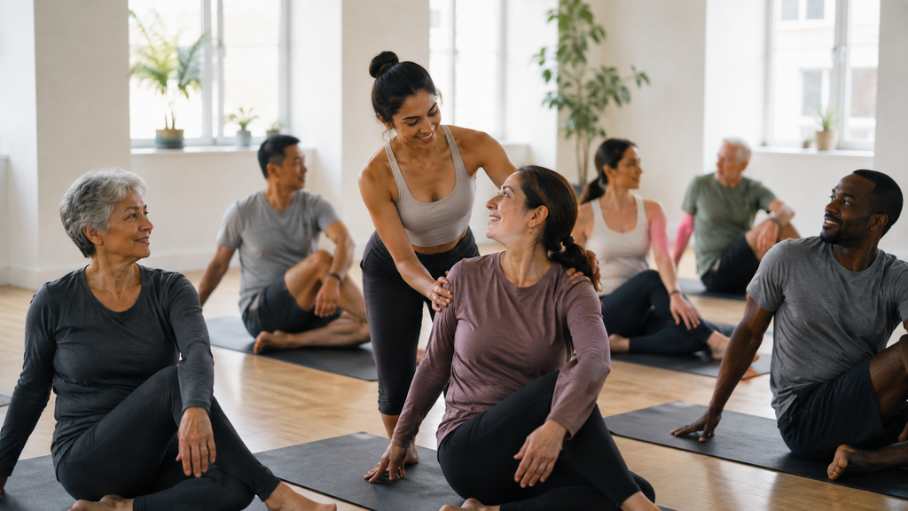 Benefits of yoga: diverse group practicing yoga together in a supportive class
